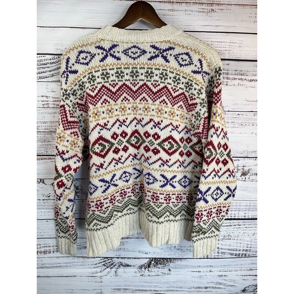 Vintage 90s Fair Isle Cotton/Wool Sweater Cream Multicolor Deep V-Neck Apres Ski